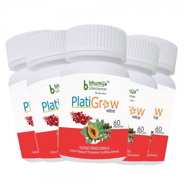 Bhumija Lifesciences PlatiGrow Capsules 60's (Carica Papaya, Tinospora Cordifolia) (Pack of Five)