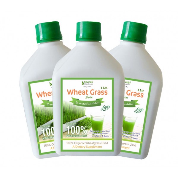 Bhumija Lifesciences Plain Wheat Grass Juice (Sugar Free) 1 Ltr. (Pack of Three)