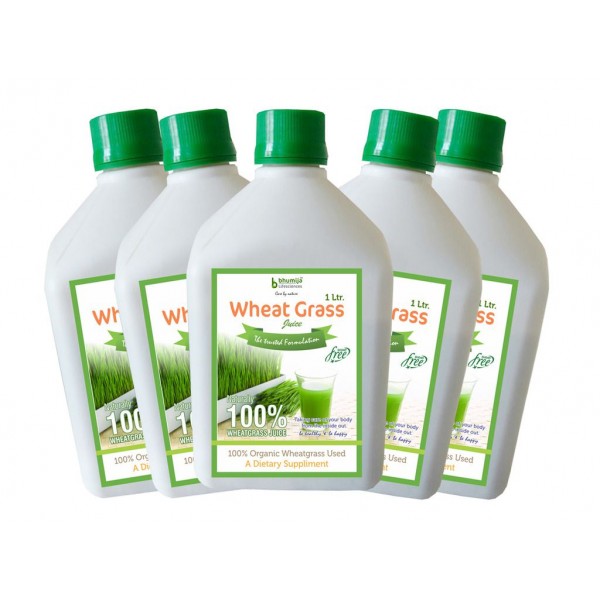 Bhumija Lifesciences Plain Wheat Grass Juice (Sugar Free) 1 Ltr. (Pack of Five)