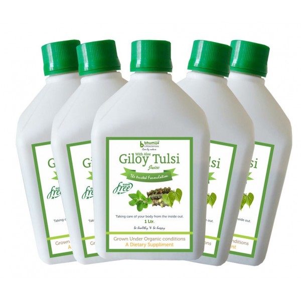 Bhumija Lifesciences Giloy Tulsi Juice (Sugar Free) 1 Ltr.(Pack of Five)