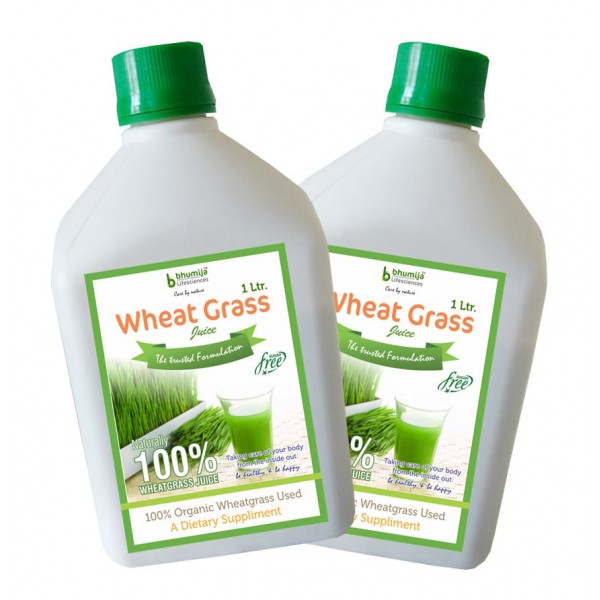 Bhumija Lifesciences Plain Wheat Grass Juice (Sugar Free) 1 Ltr. (Pack of Two)
